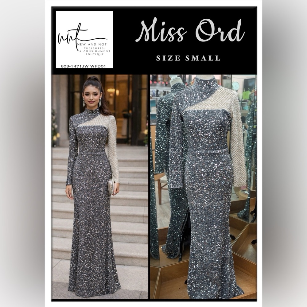 Miss Ord Silver Sequin High Neck Long Sleeve Modest Evening Gown Dress Sz Small